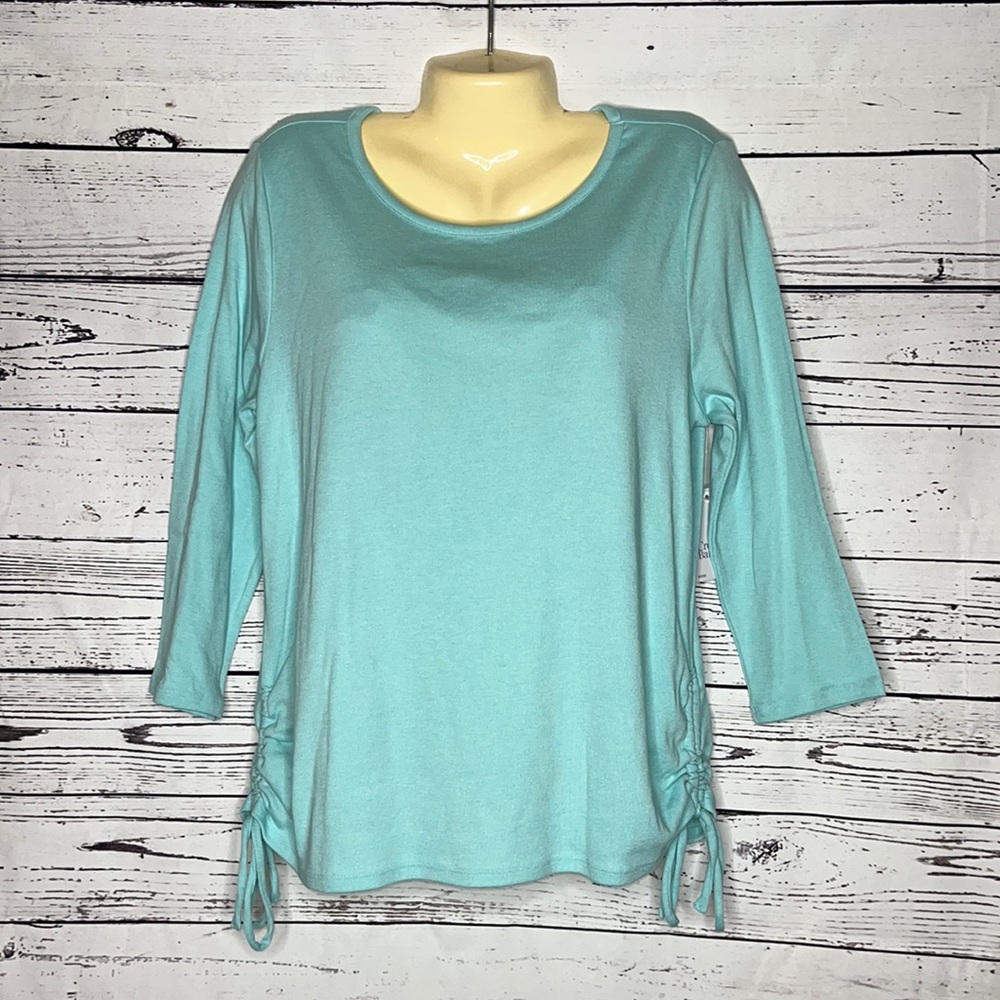 Croft & Barrow Petites NWT Size Lp Blue Ruched Side Tie Knit Top Shirt